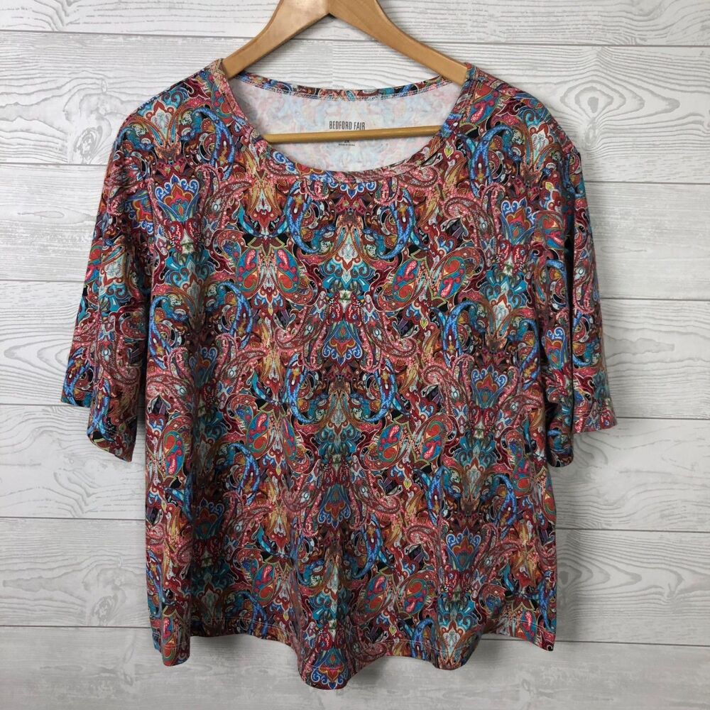 Bedford Fair Women's 2X Printed Tee Shirt Half Sleeve Cotton Blend Colorful